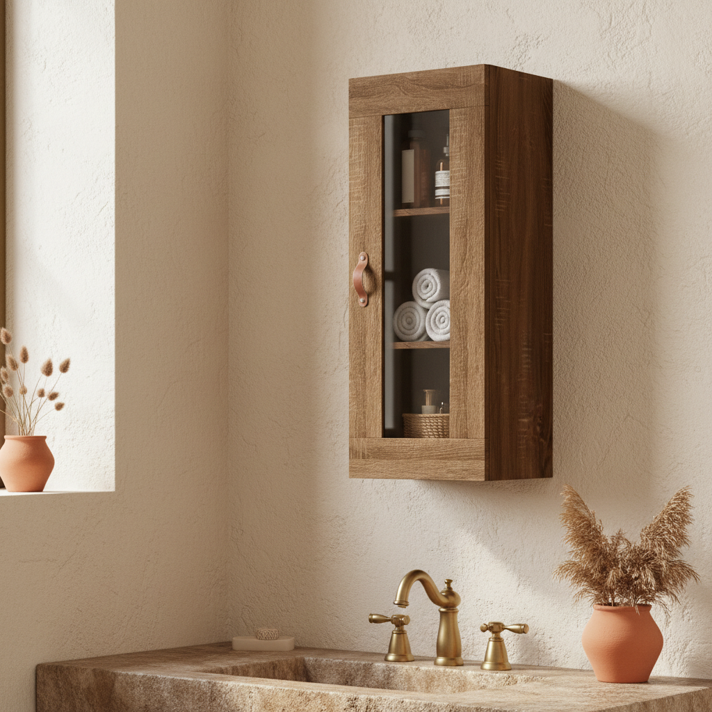 Bruineiken hangkast met glazen deur in rustieke badkamer