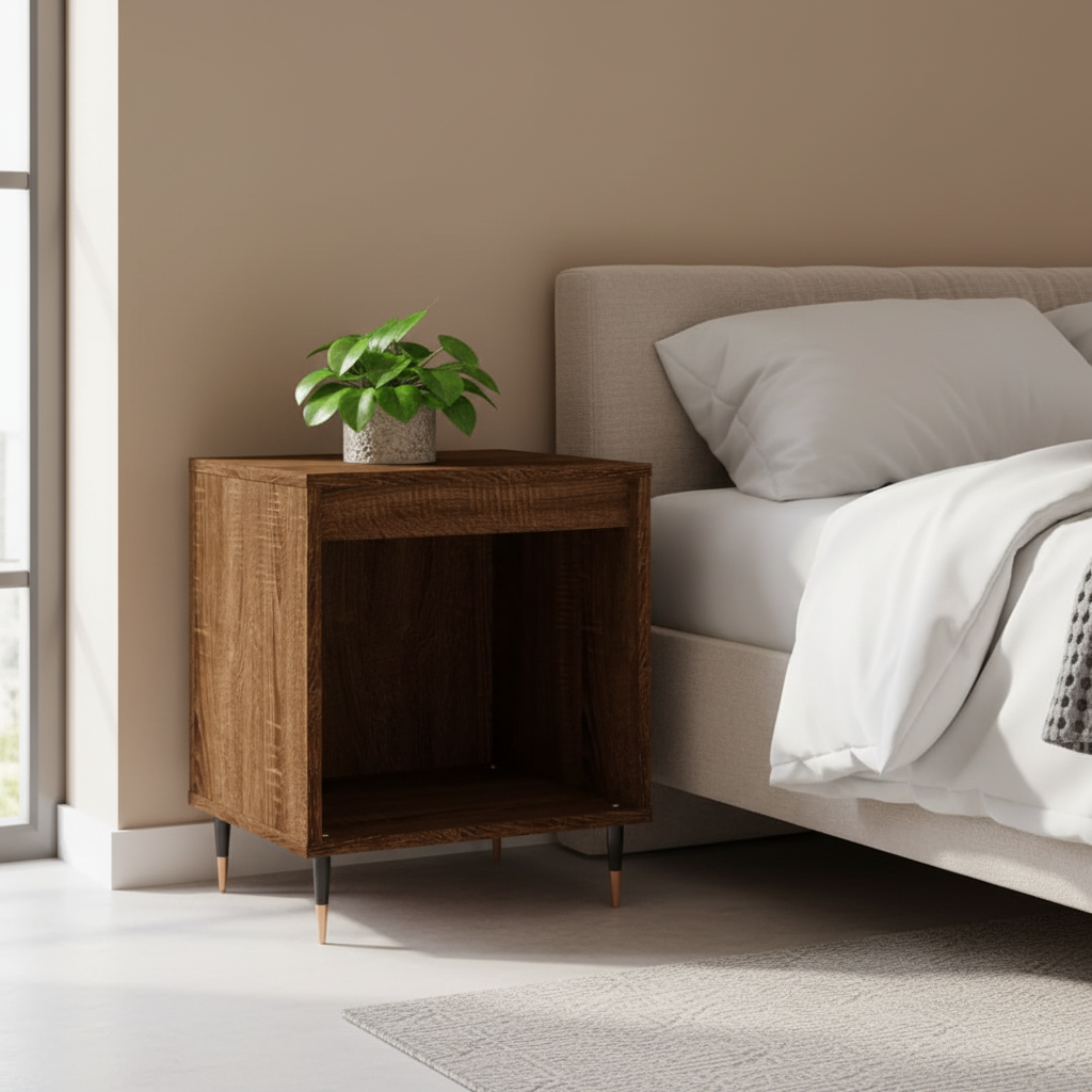 Bruineiken nachtkastje in moderne slaapkamer