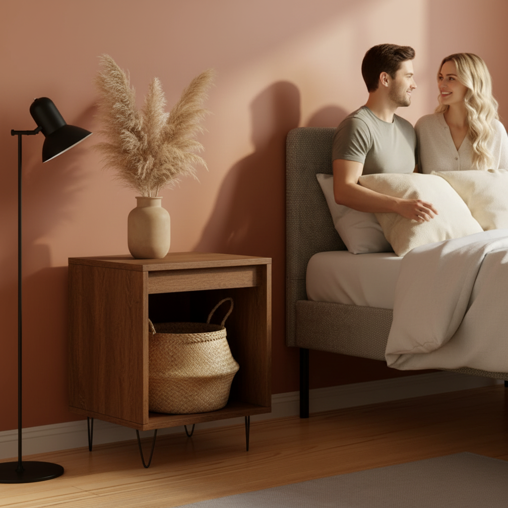 Bruineiken nachtkastje in rustieke slaapkamer