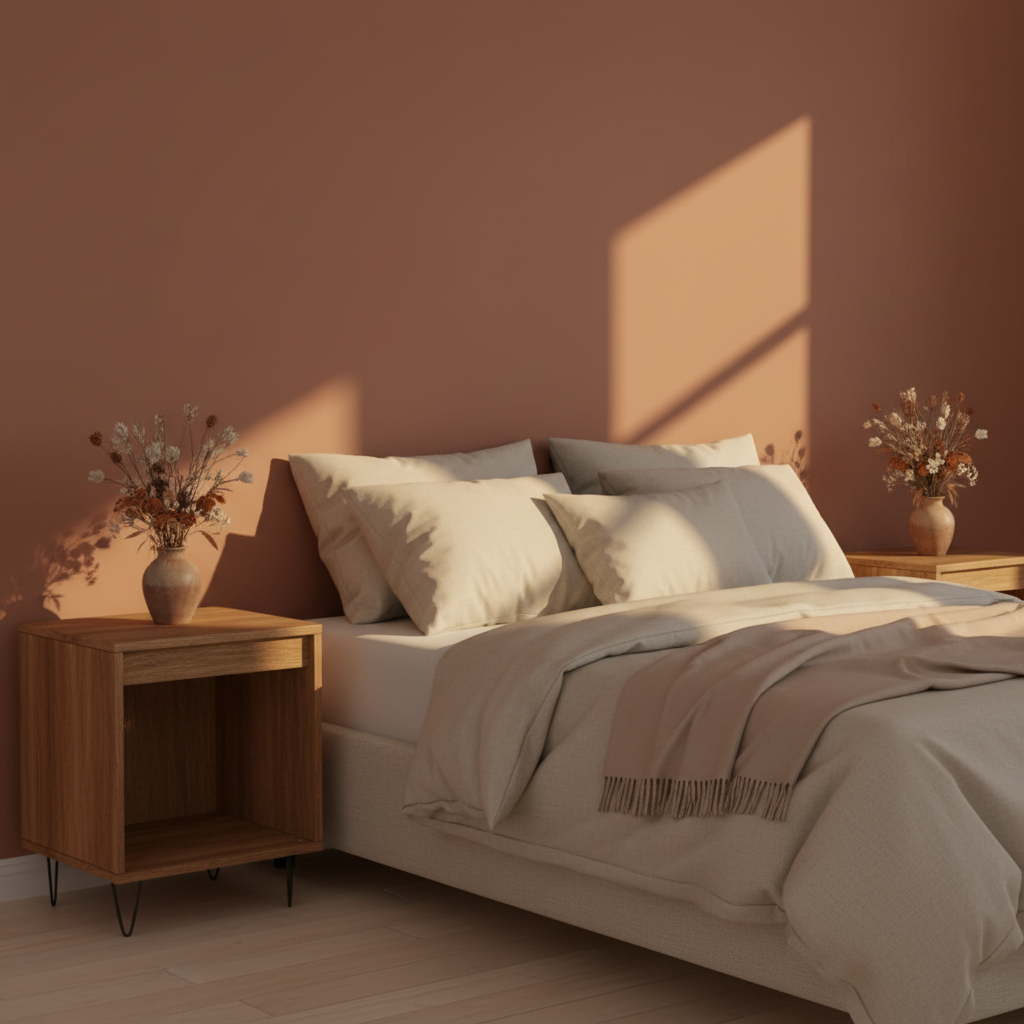 Bruineiken nachtkastjes in warme slaapkamer