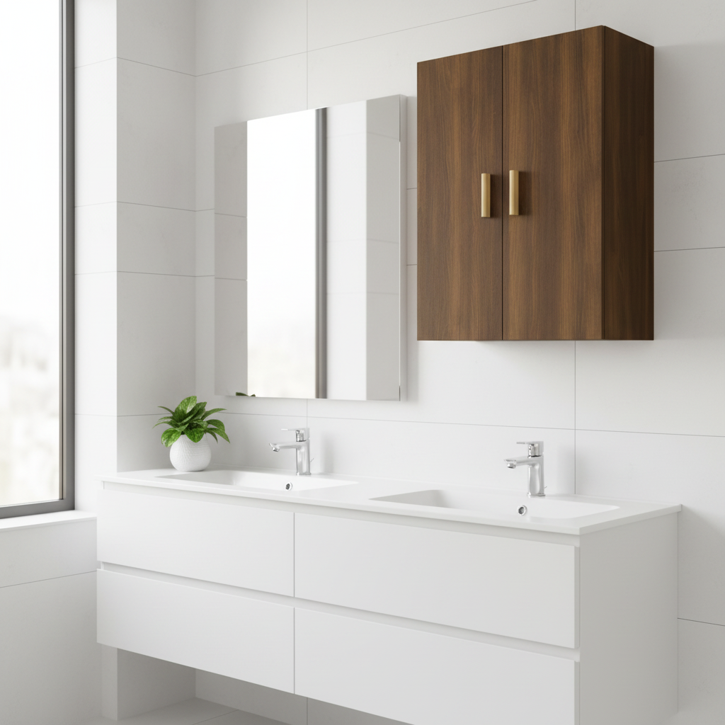 Bruineiken wandkast met gouden handgrepen in minimalistische badkamer