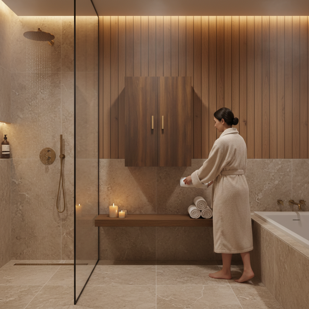 Bruineiken wandkast met gouden handgrepen in wellness badkamer