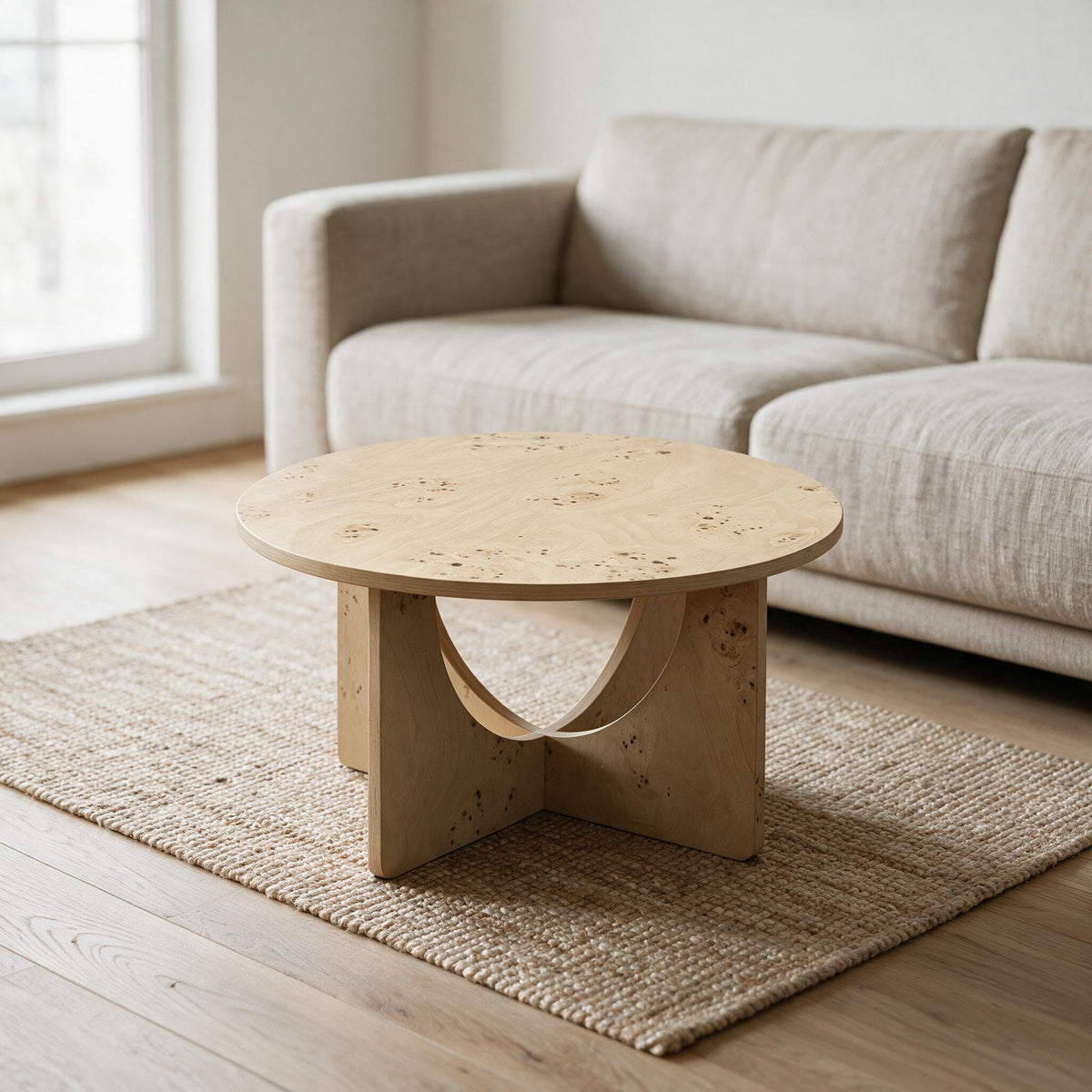 Ronde salontafel Ø60 cm in lichte wortelnootlook op een kruisonderstel, in een lichte woonkamer