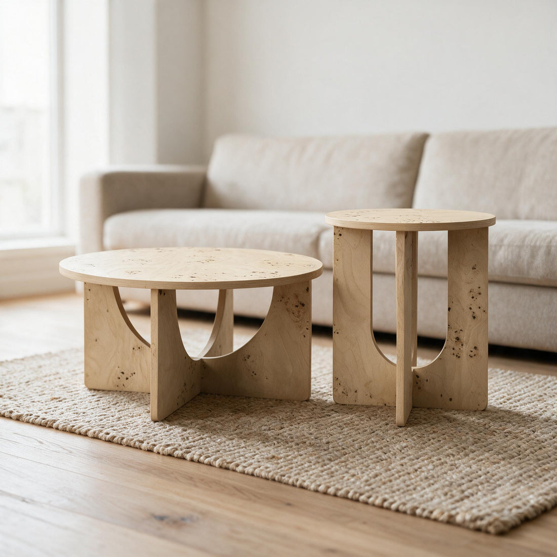 Ronde salontafel en hoge bijzettafel in lichte wortelnootlook, samen in een woonkamer