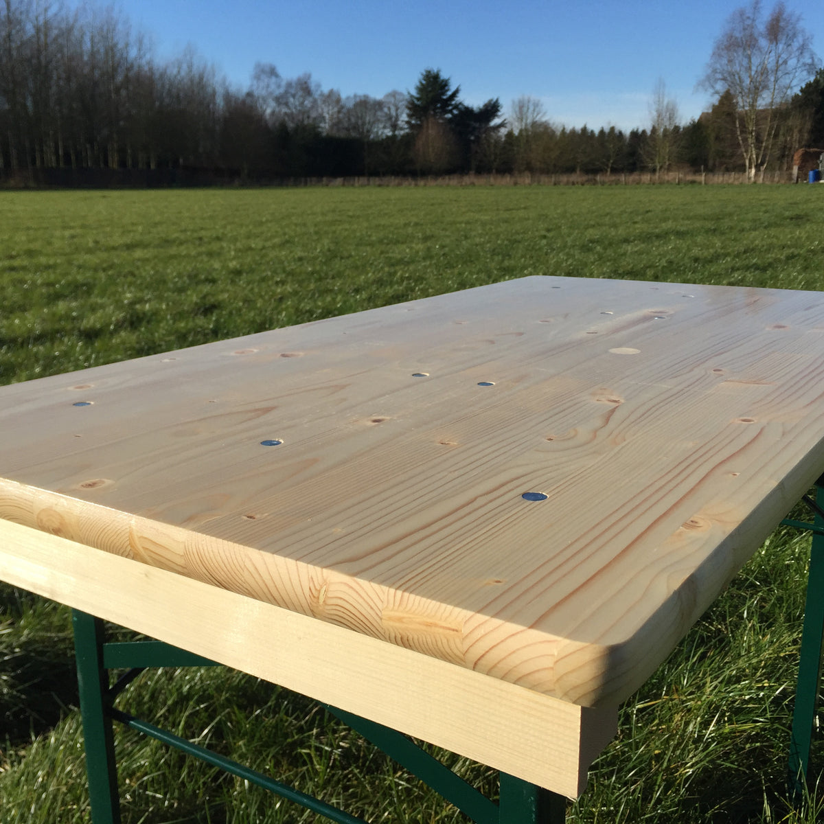 Opklapbare biertafel 110 x 60 cm KING – detail van het blad en het groene plooionderstel