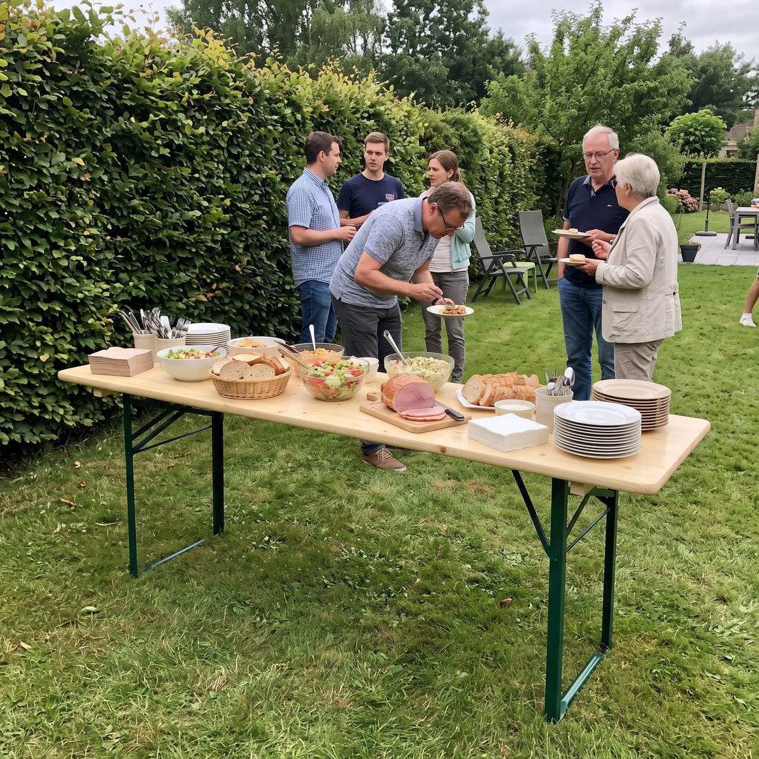 Biertafel 220 x 70 cm KING als buffet op een tuinfeest