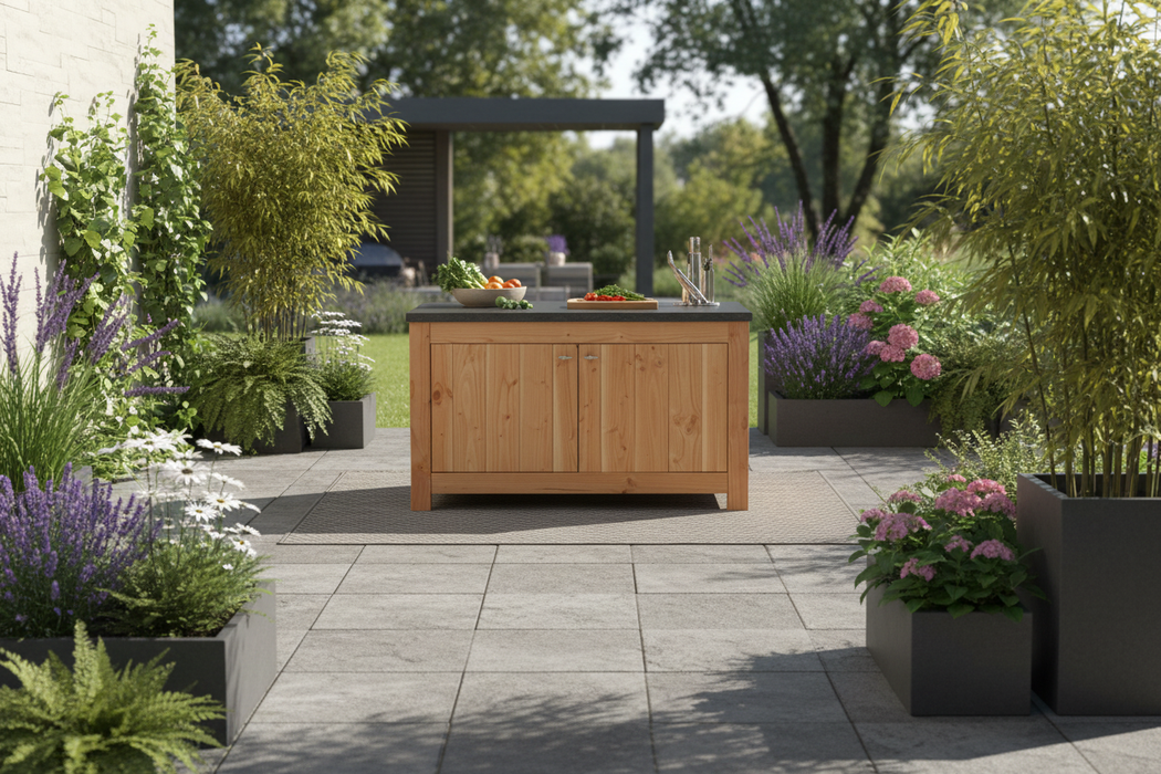 Buitenkeuken in moderne tuin