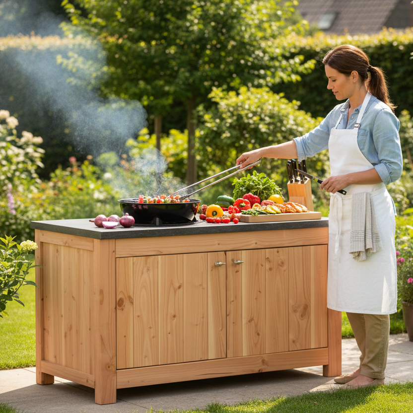 Buitenkeuken met kok in achtertuin