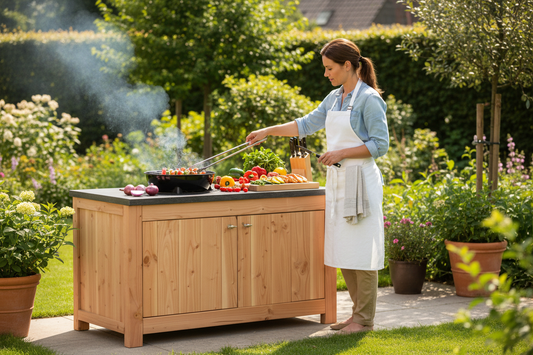 Buitenkeuken met kok in achtertuin