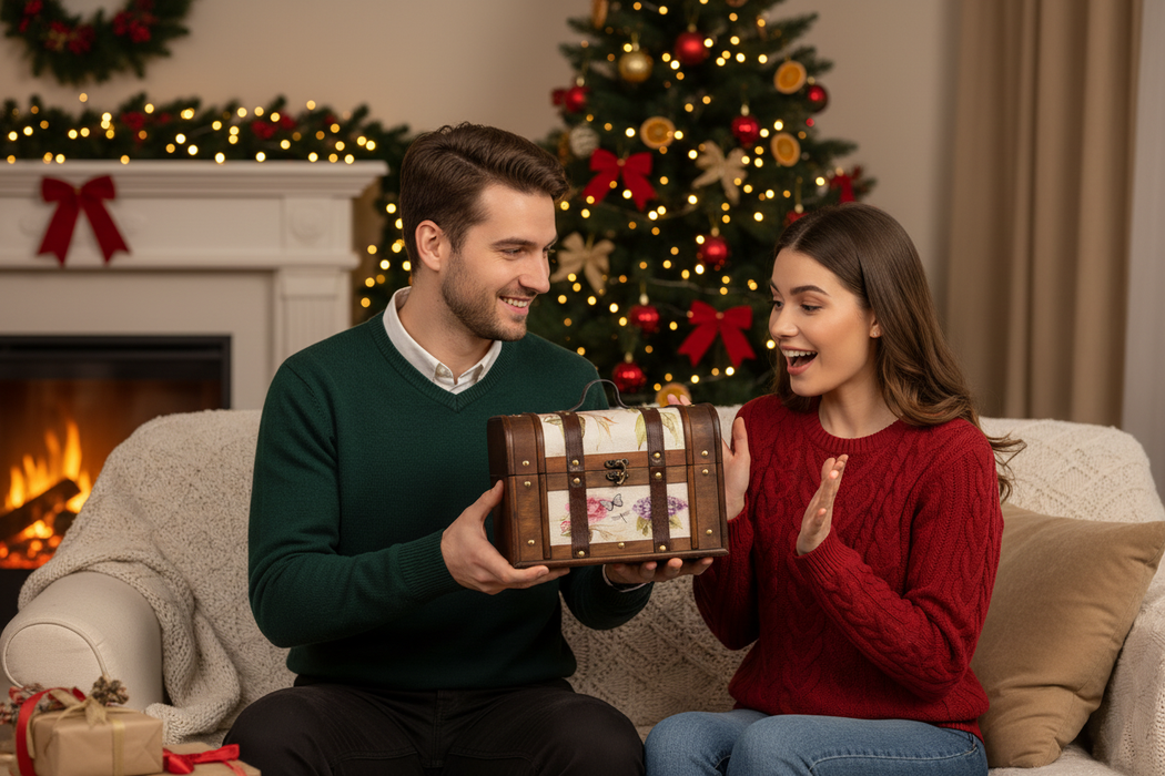 Cadeau moment bij kerstboom thuis