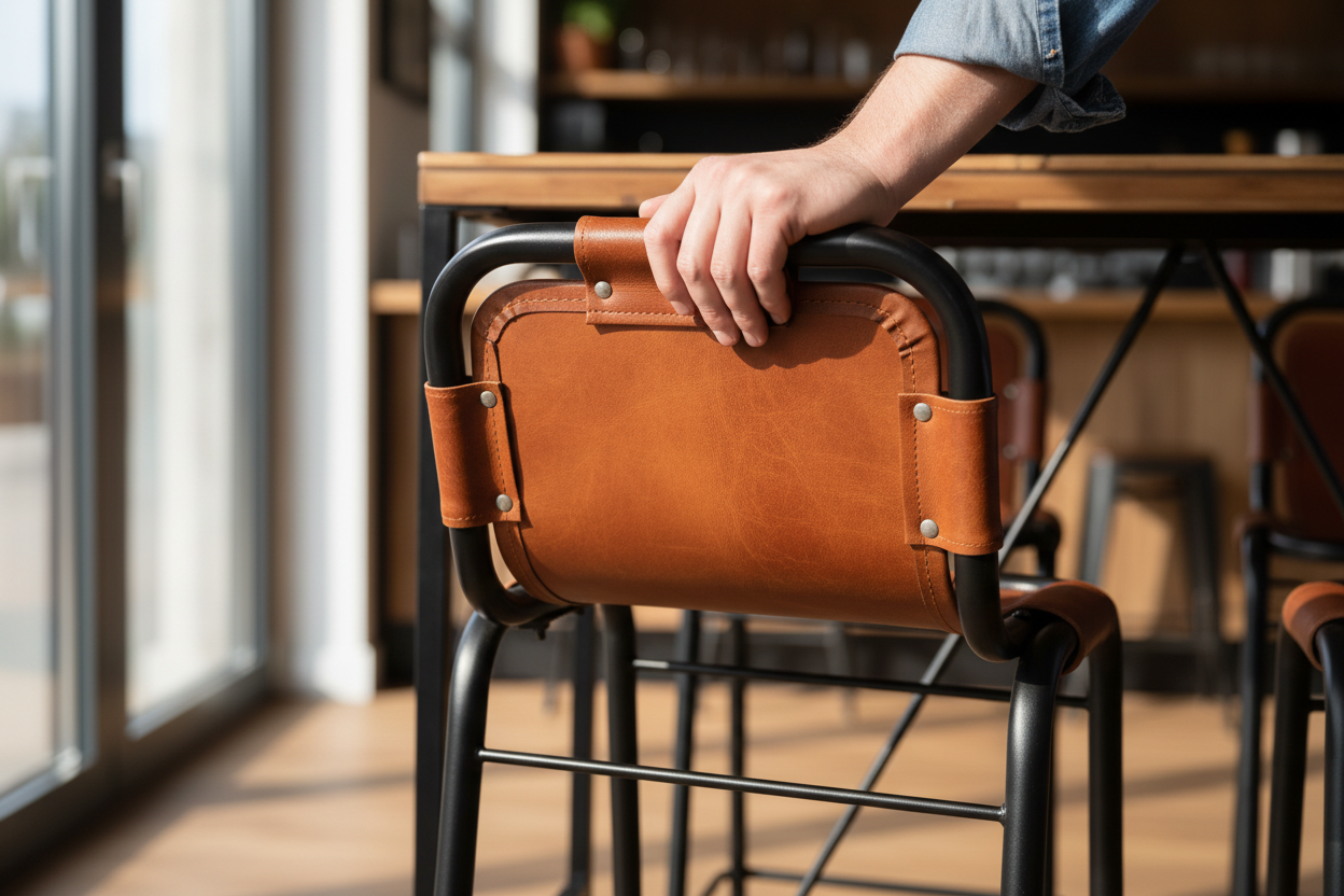 Close-up bar stool backrest with hand