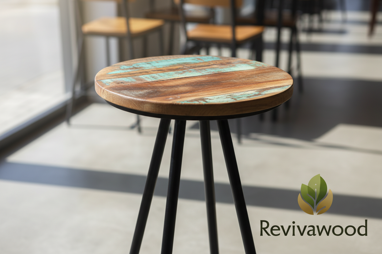 Close-up round stool with Revivawood logo