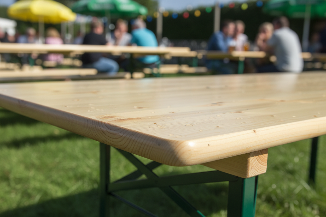 Close-up tafelblad met biertuin achtergrond