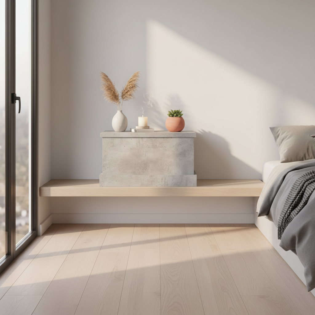 Compacte betongrijs opbergbox gesloten op plank in slaapkamer