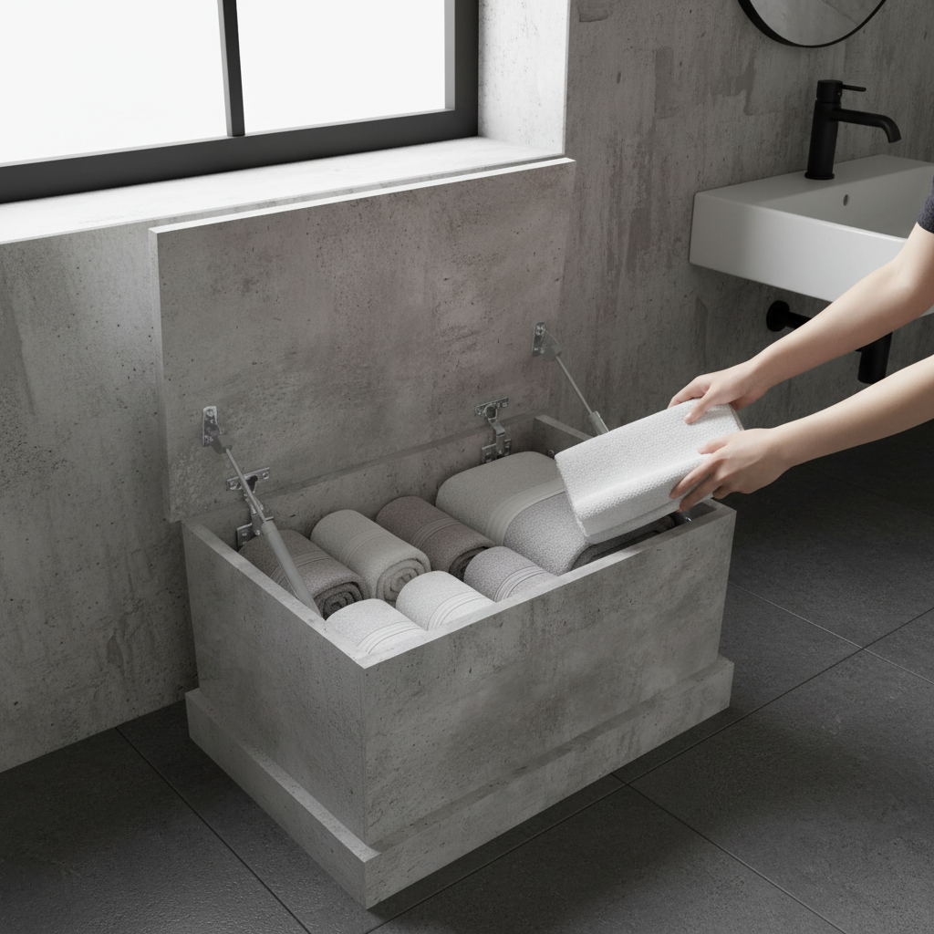 Compacte betongrijs opbergbox met open deksel in industriële badkamer