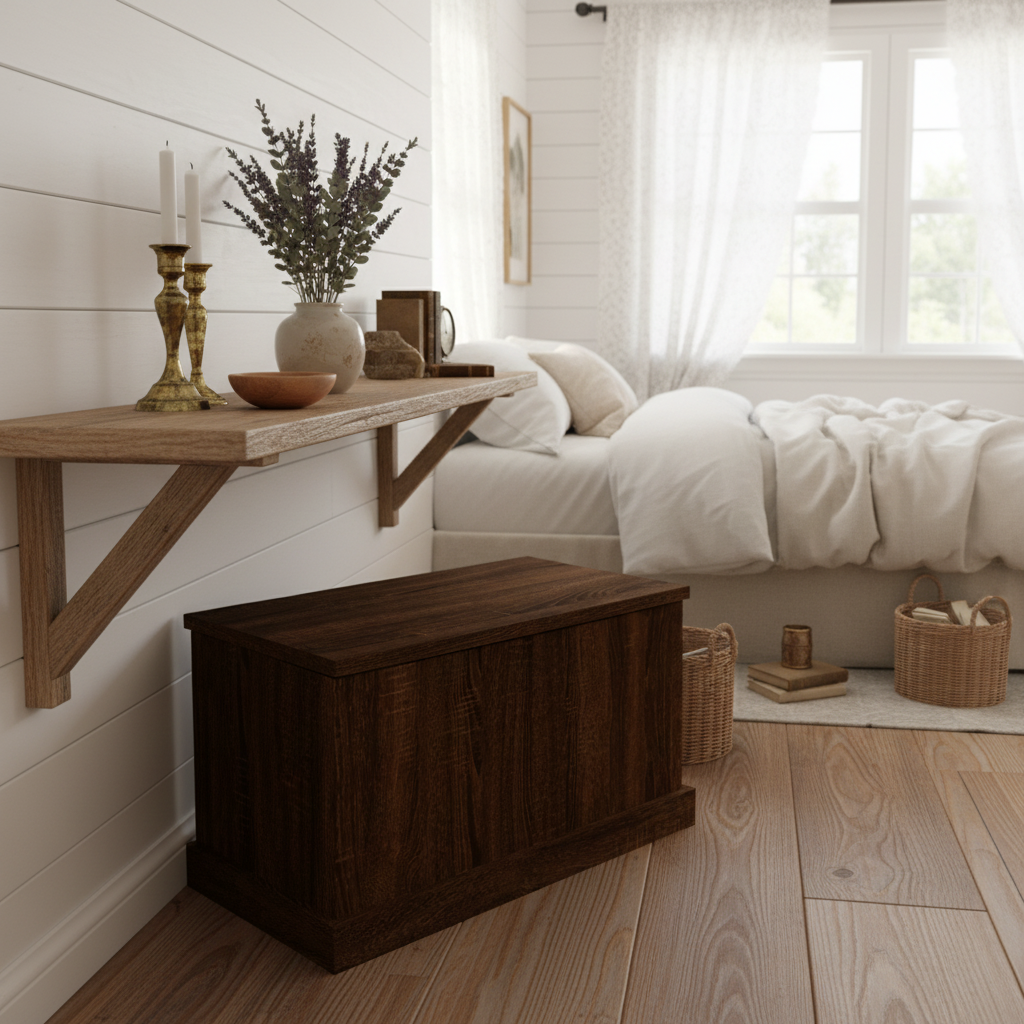 Compacte bruine eiken opbergbox gesloten op plank in farmhouse slaapkamer