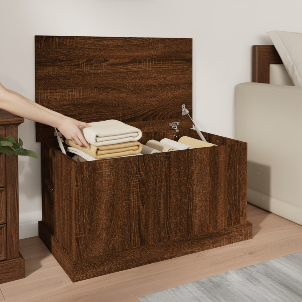 Compacte bruine eiken opbergbox met open deksel in traditionele slaapkamer