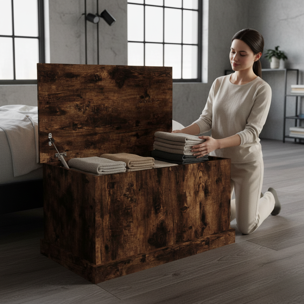 Compacte gerookt eiken opbergbox met open deksel in industriële loft - verbeterd