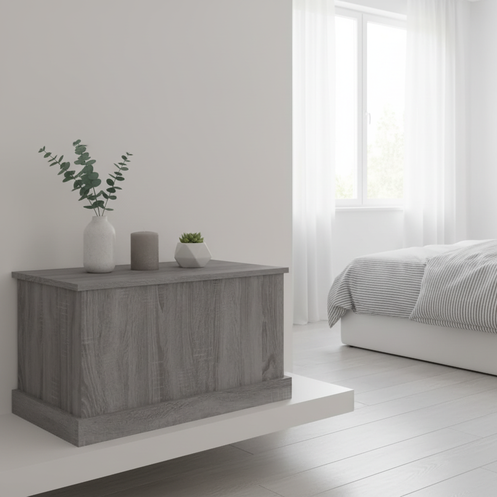 Compacte grijs Sonoma eiken opbergbox gesloten op plank in Scandinavische slaapkamer