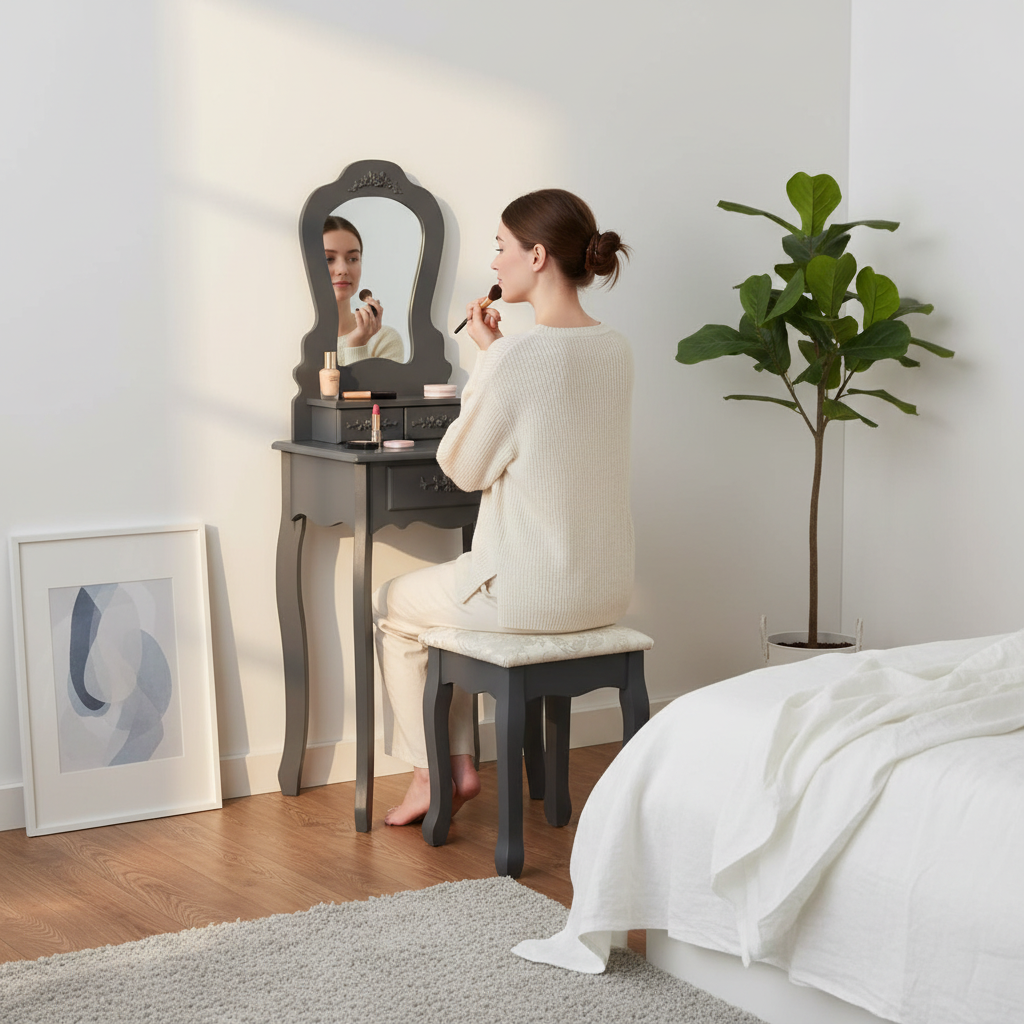 Compacte grijze kaptafel in Scandinavische slaapkamer