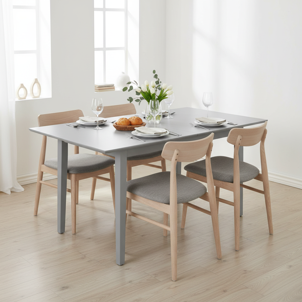 Compacte grijze uitschuifbare eettafel - uitgeklapt