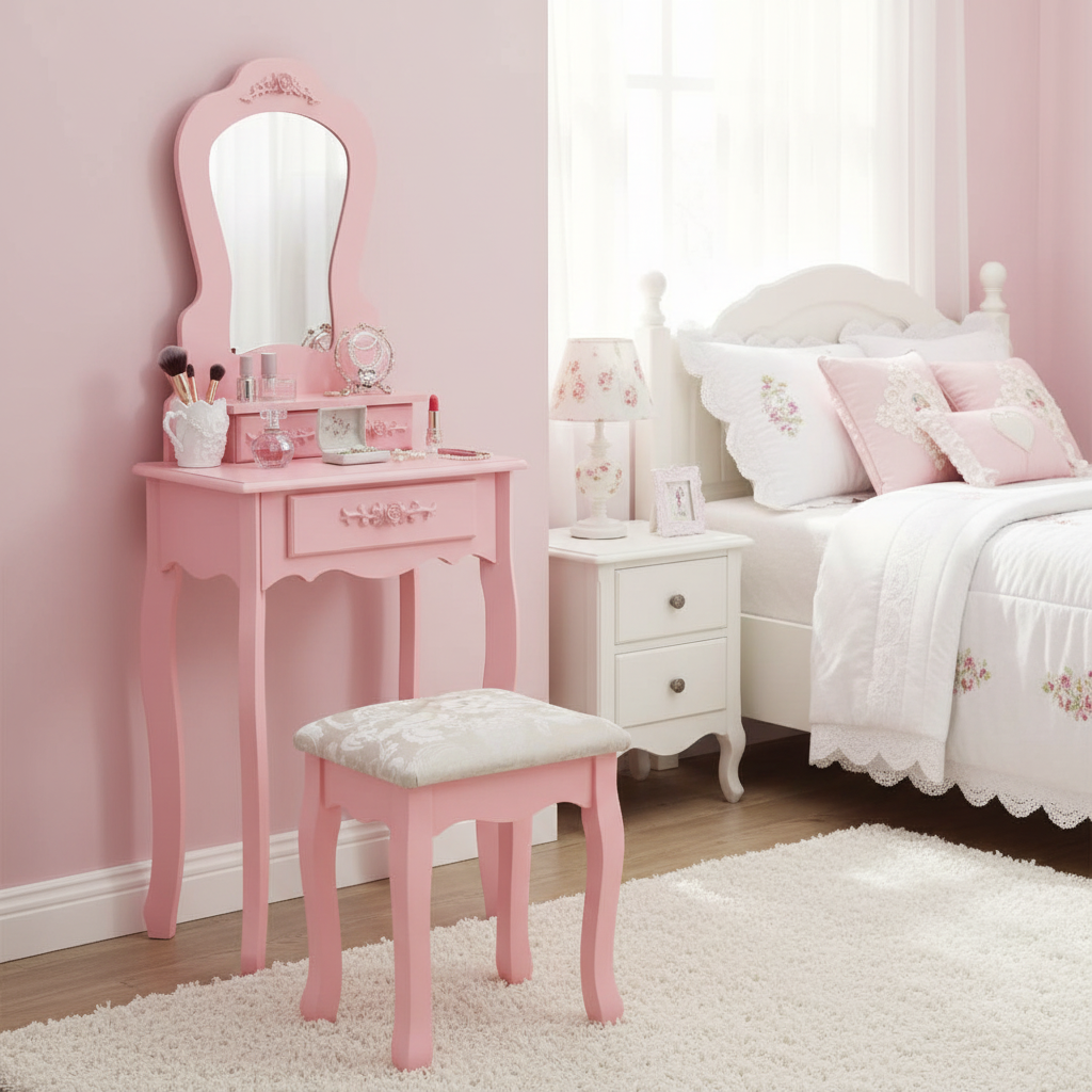 Compacte roze kaptafel in meisjeskamer
