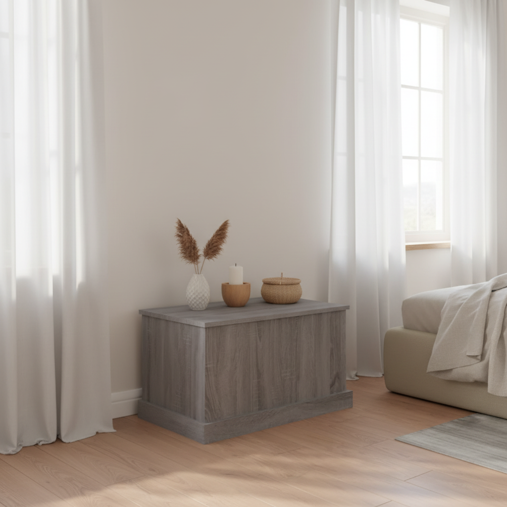 Compacte Sonoma eiken opbergbox gesloten op plank in coastal slaapkamer