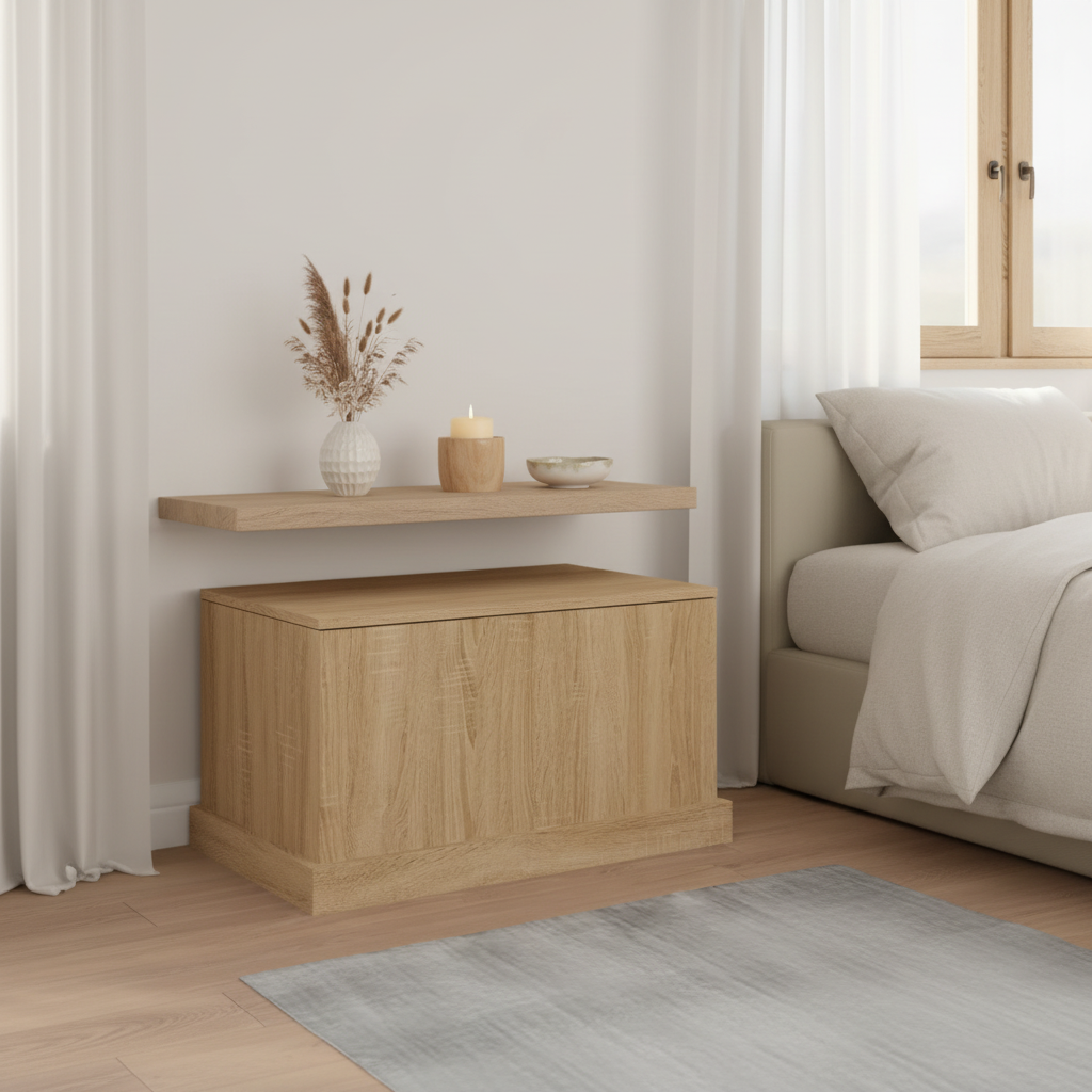 Compacte Sonoma eiken opbergbox gesloten op plank in coastal slaapkamer