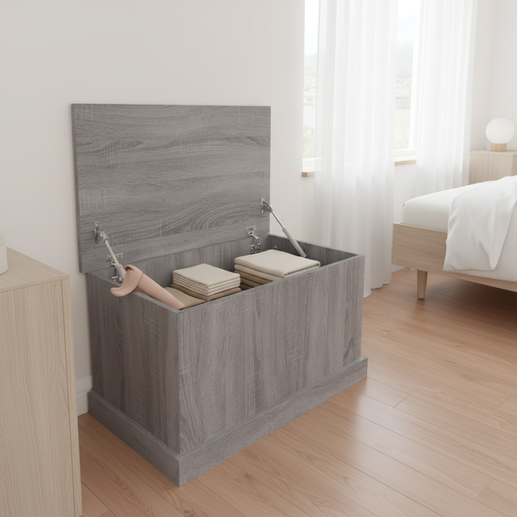 Compacte Sonoma eiken opbergbox met open deksel in Scandinavische slaapkamer