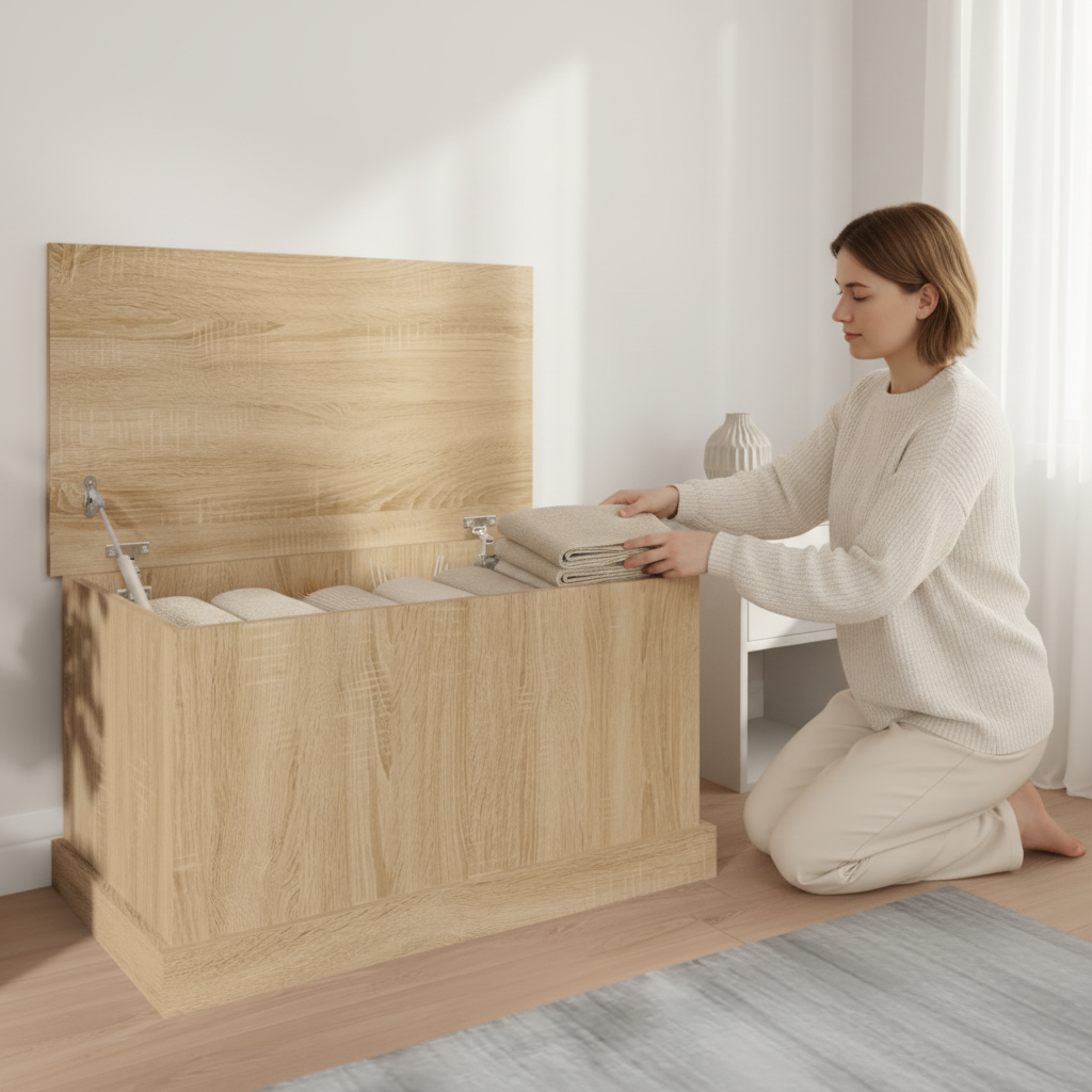 Compacte Sonoma eiken opbergbox met open deksel in Scandinavische slaapkamer