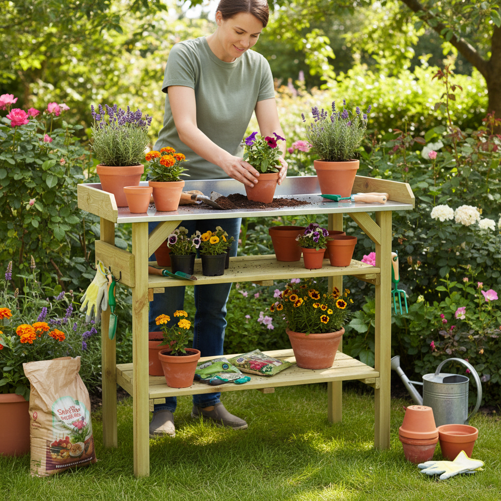 Compacte tuinwerkbank met bloemen