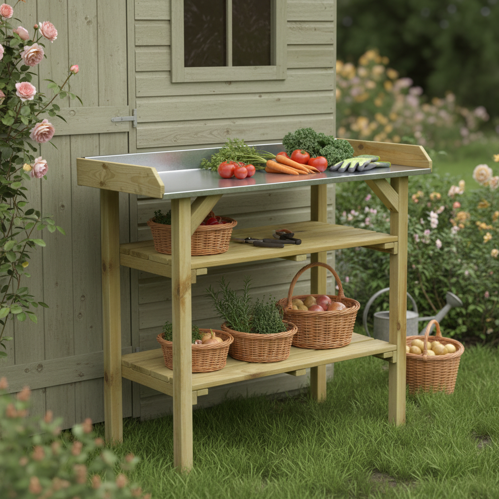 Compacte werkbank bij tuinhuisje