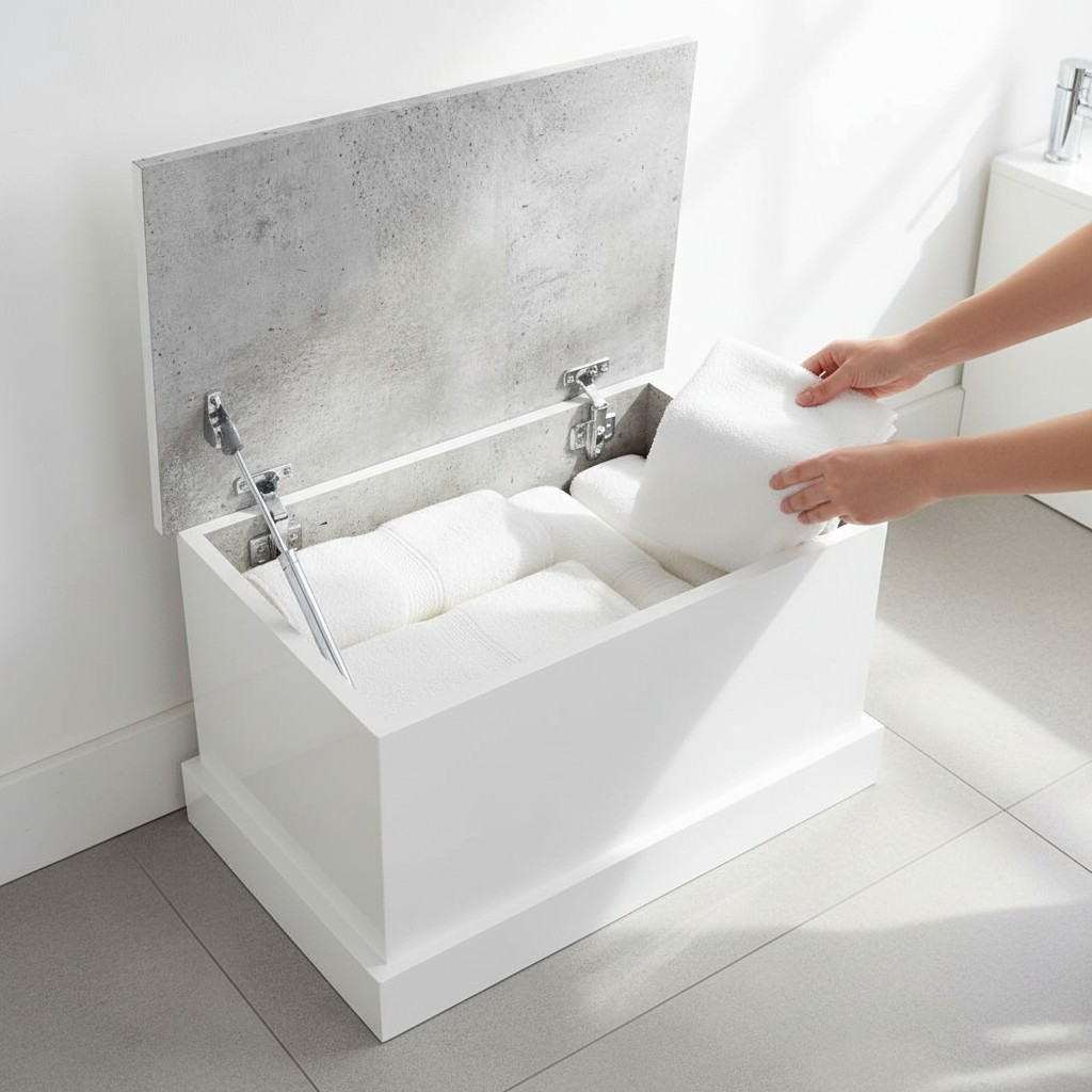 Compacte witte hoogglans opbergbox met open deksel in badkamer