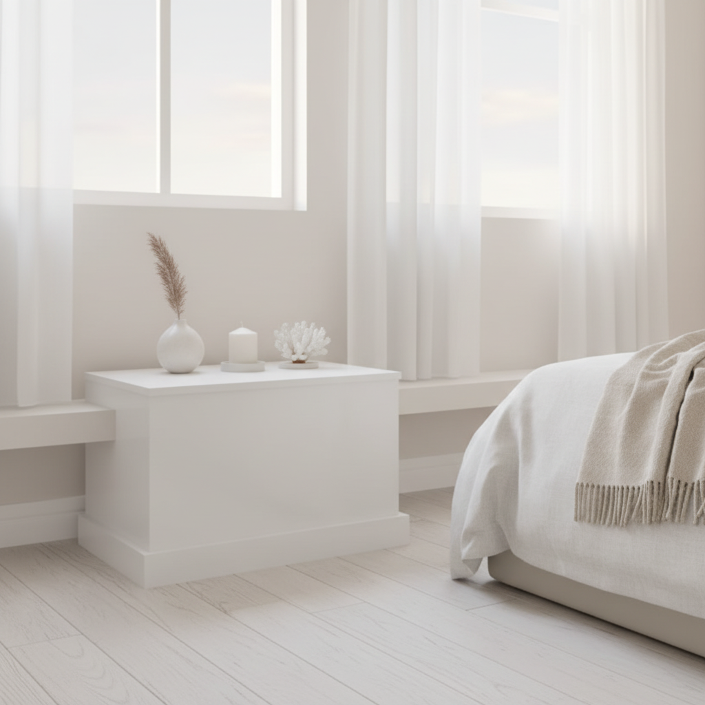 Compacte witte opbergbox gesloten op plank in coastal slaapkamer