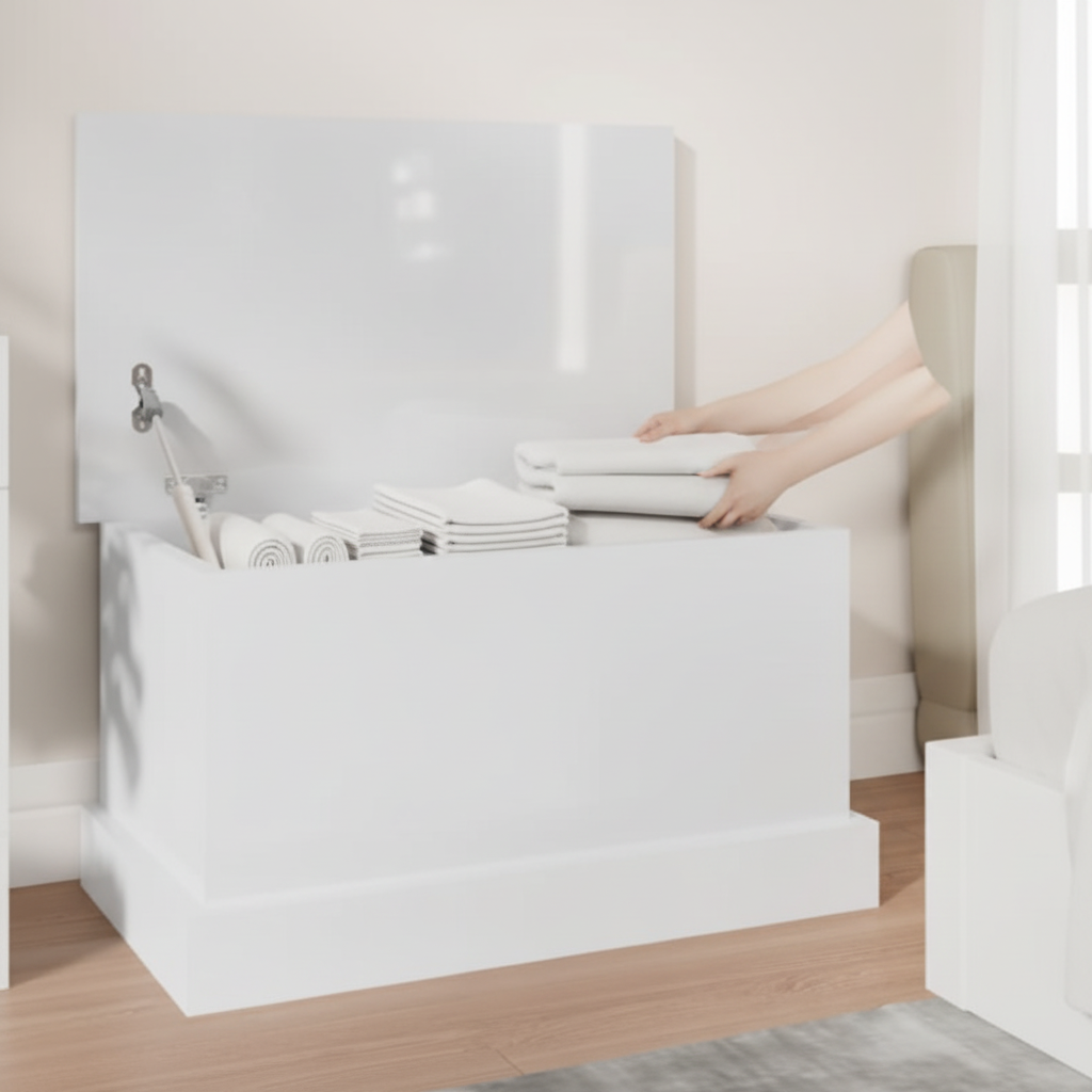 Compacte witte opbergbox met open deksel in all-white slaapkamer