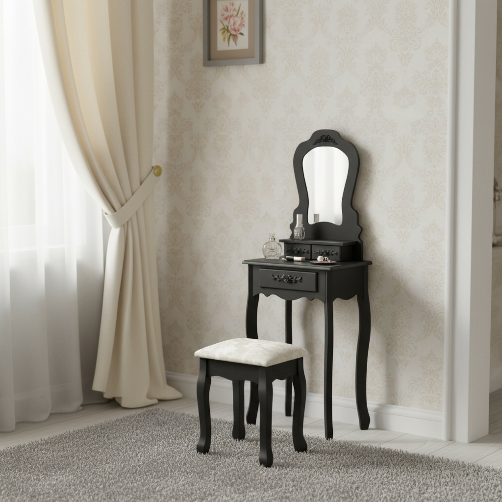 Compacte zwarte kaptafel in elegante slaapkamer