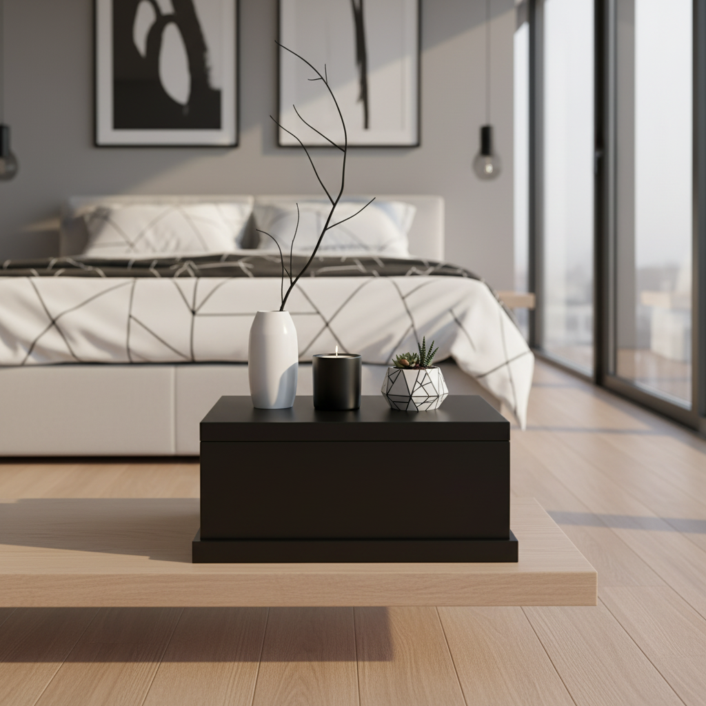 Compacte zwarte opbergbox gesloten op plank in slaapkamer