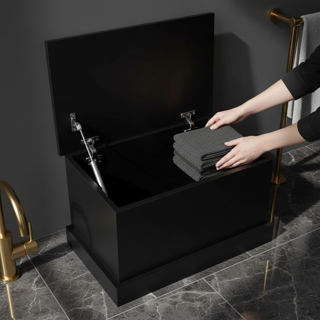 Compacte zwarte opbergbox met open deksel in luxe badkamer