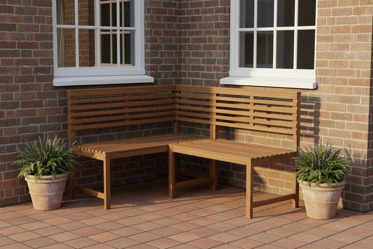 Corner bench against brick house