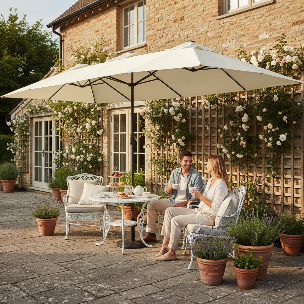 Crème parasol op landelijk patio