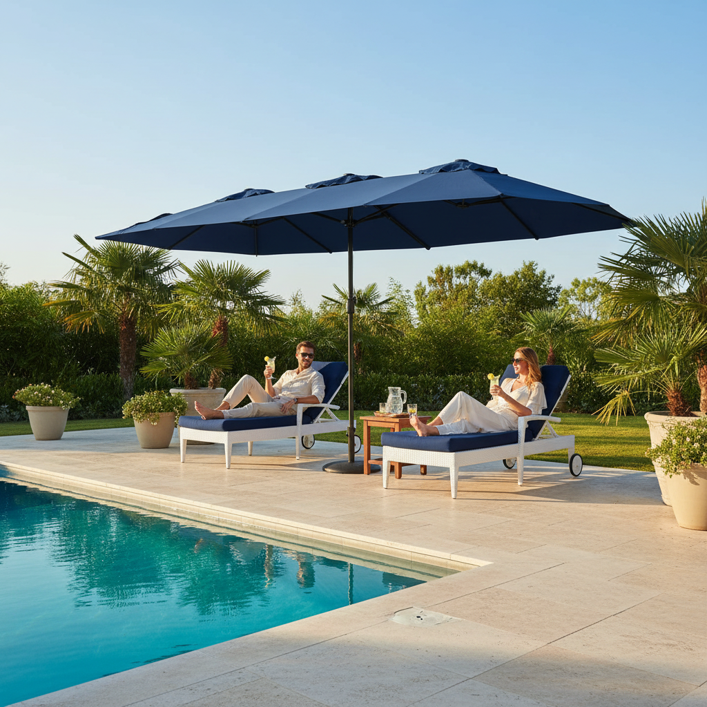 Donkerblauwe parasol bij zwembad