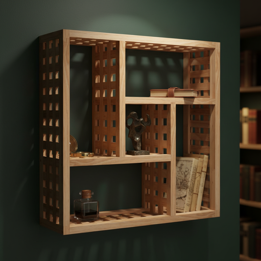 Donkere bibliotheek — detailshot lattice & eiken