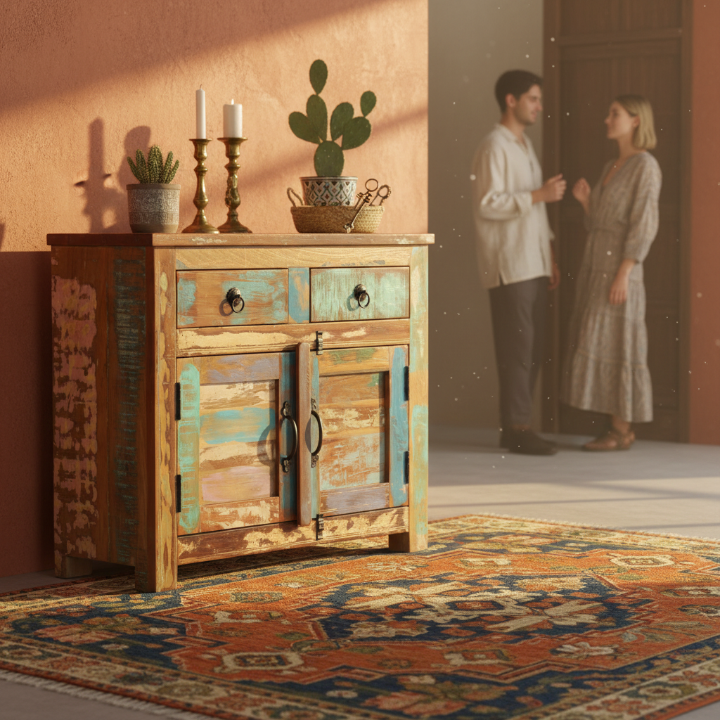 Dressoir in bohemian hal met mensen