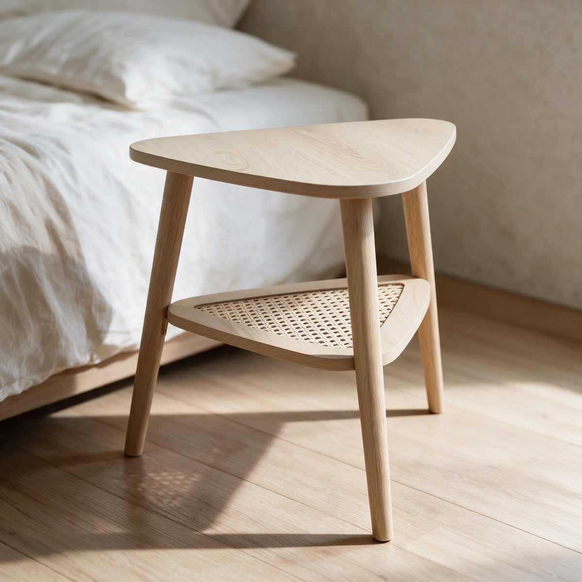 Driehoekige bijzettafel met rotan legplank, eikenlook, als nachtkastje naast een bed