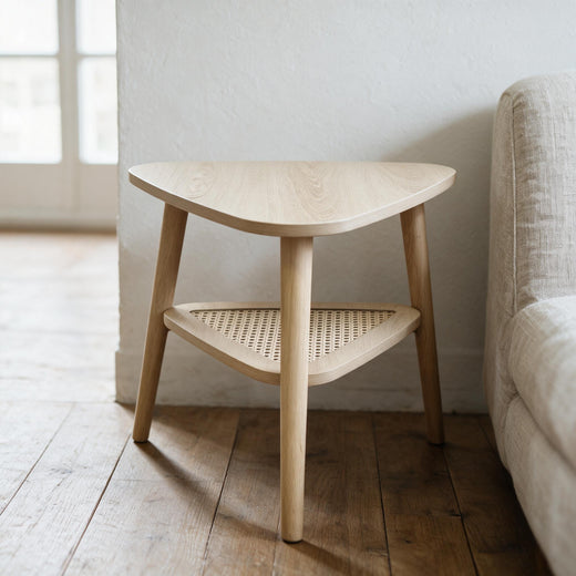 Driehoekige bijzettafel met rotan legplank, eikenlook, in een lichte woonkamerhoek naast een zetel