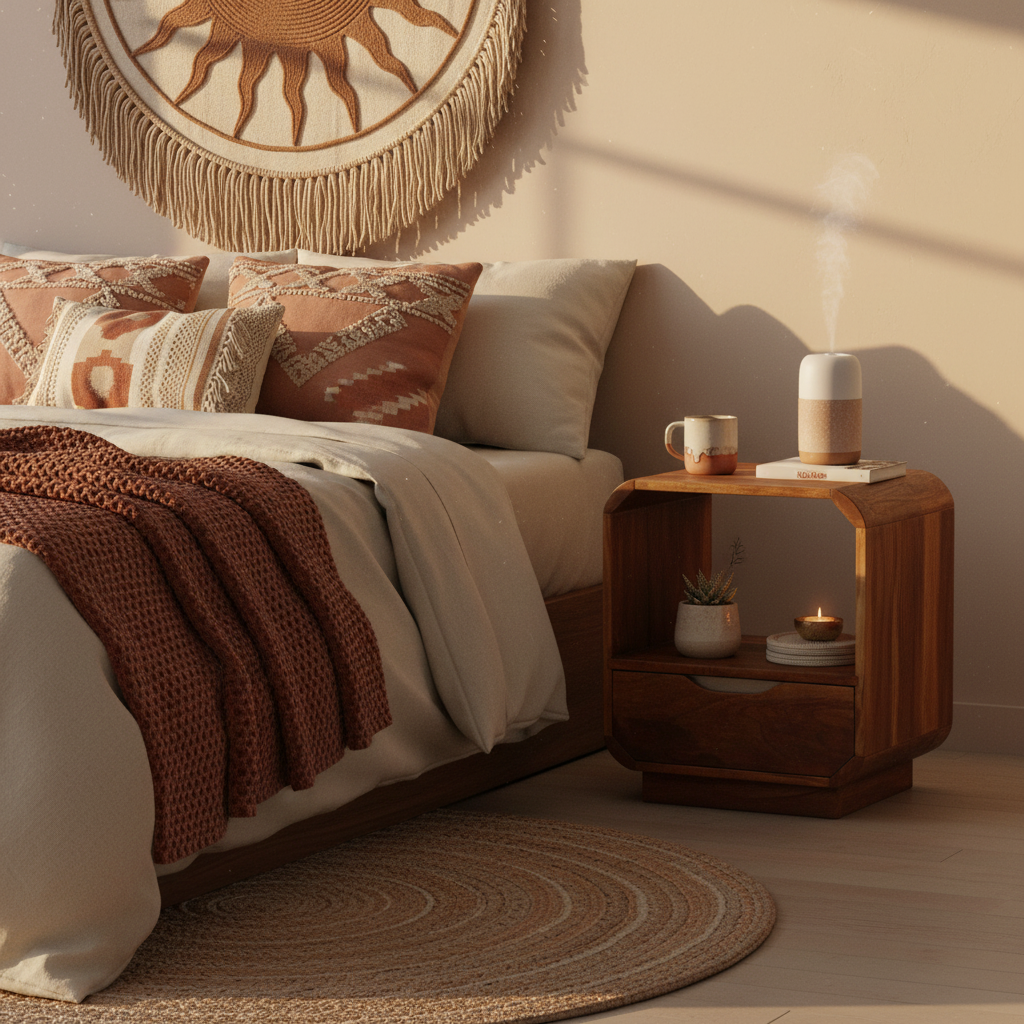 Enkel nachtkastje in bohemian slaapkamer