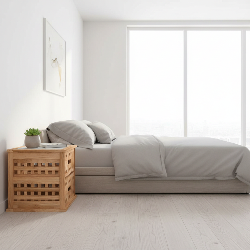 Enkel nachtkastje in moderne slaapkamer