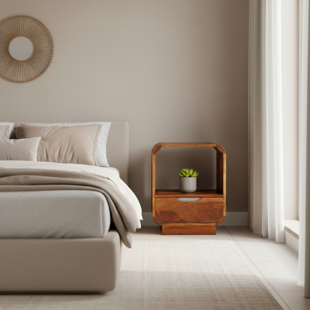 Enkel nachtkastje in moderne slaapkamer