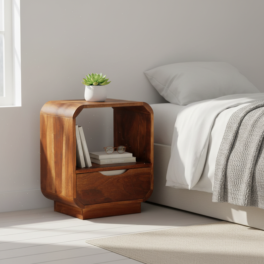 Enkel nachtkastje in Scandinavische slaapkamer