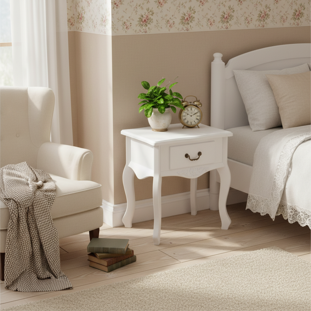 Enkel wit nachtkastje in cottage kamer